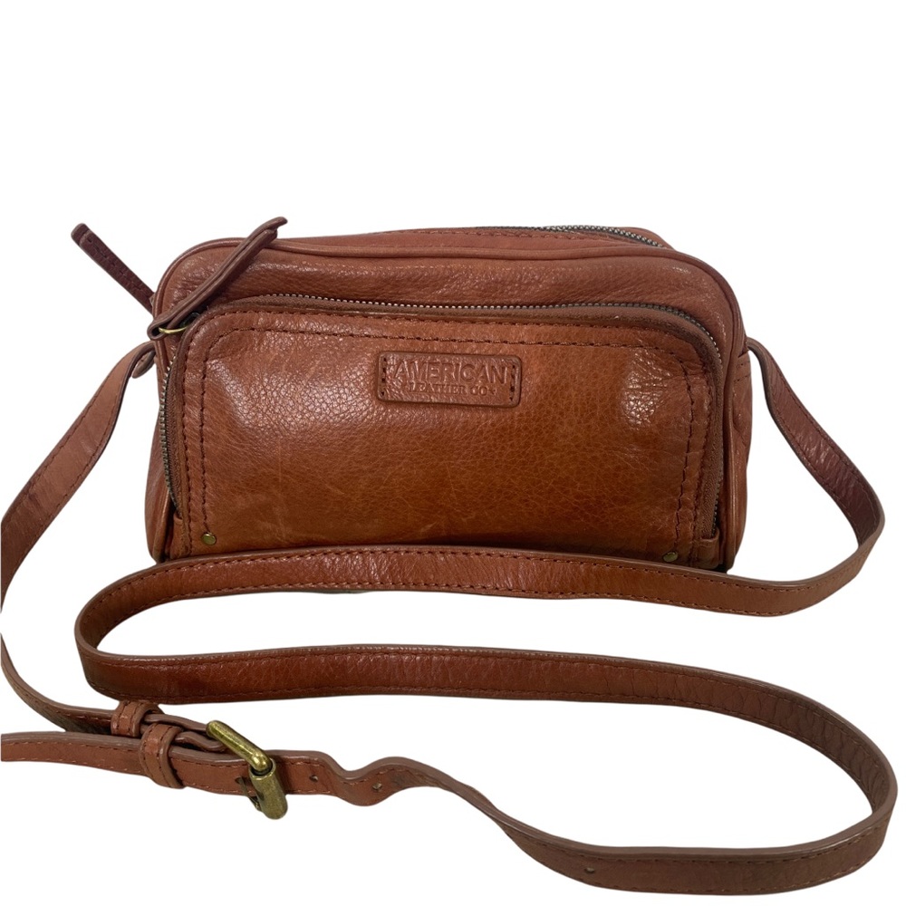 SOLD American Leather Brown Crossbody Purse Bag Adjustable Strap Cognac Tote - Picture 1 of 10
